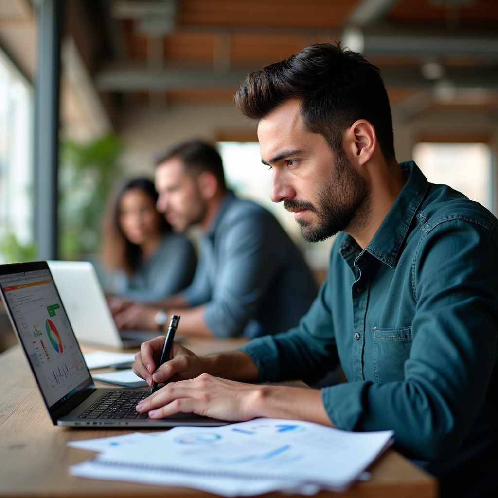 Продуктовый менеджер анализирует данные на ноутбуке